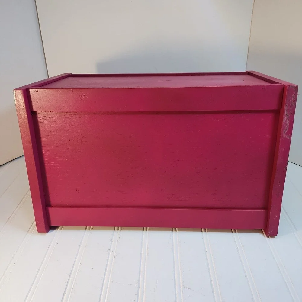 Vintage Wood Bread Box Drop Front Door Fuschia Pink Farmhouse Cottage Kitchen
